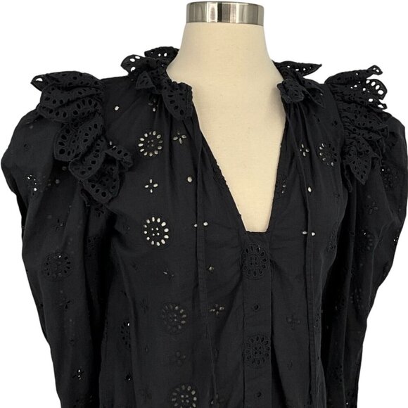 V. De. Vinster Joshua Blouse Black Size S Lace Ruffle V Neck Puff Sleeves - Picture 6 of 9